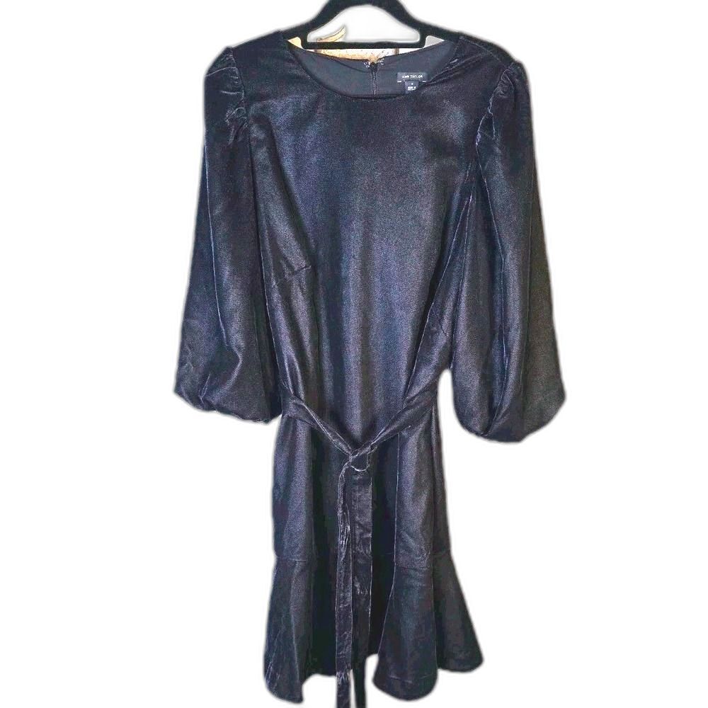 Ann Taylor Black Velvet Flounce Dress Balloon Sleeve Belted Womens 6 Cocktail